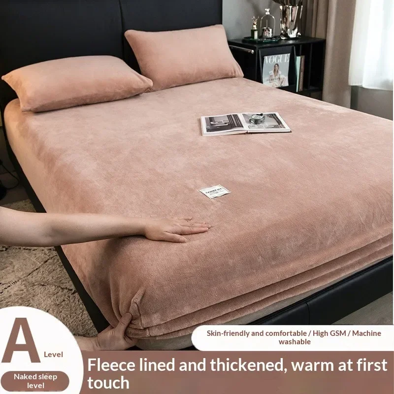Coral Velvet Fitted Sheet Thickened Warm Bed Sheet Deep Pocket 5-23cm Elastic Mattress Cover for Autumn Winter Single Queen