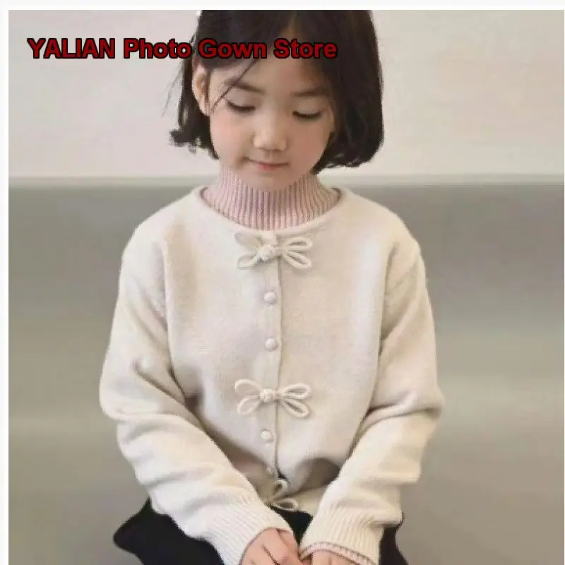 Girls Chinese Knot Button Autumn 2025 Lazy Style Knit Top with Bow Design