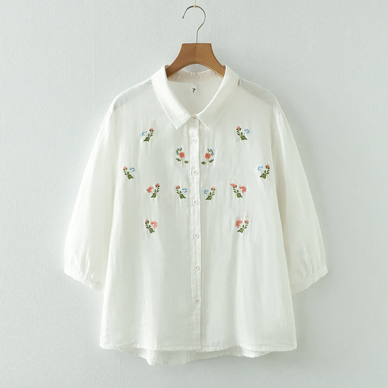 Spring Summer Double Cotton Half Sleeve Blusa Tops Women Clothes White Color Floral Embroidered Loose Soft Shirts & Blouses U347
