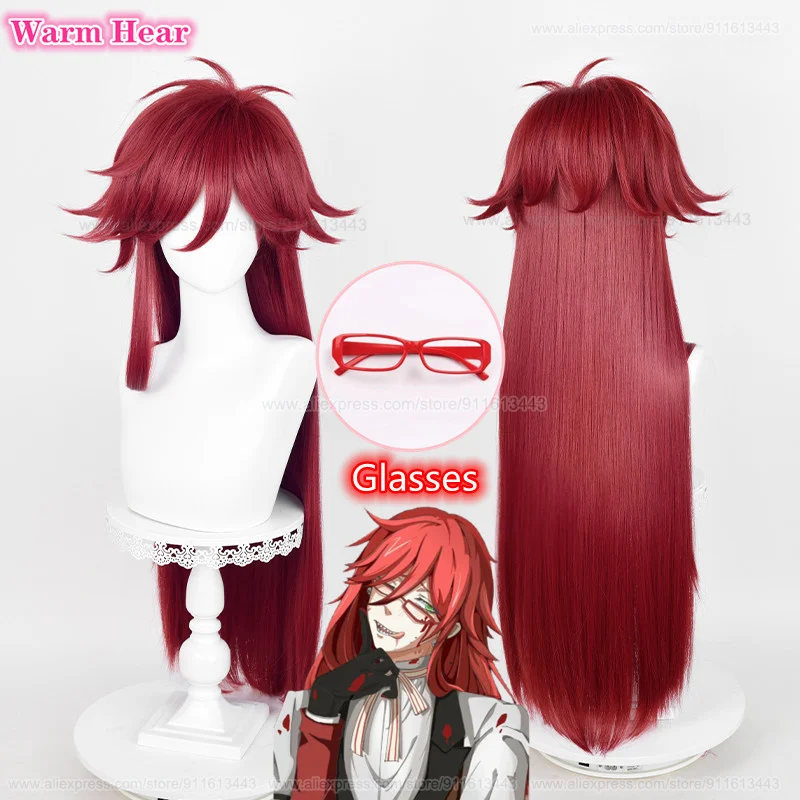 Grell Sutcliff Cosplay Synthetic Wig Anime 90cm Long Rose Wig And Glasses Heat Resistant Hair Halloween Party Wigs +Free Wig Cap