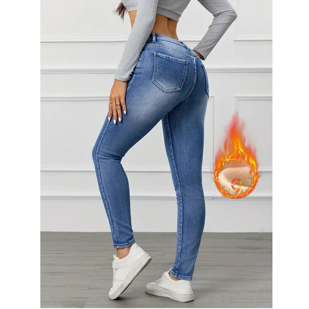 جينز أزرق مغسول Y2K عصري للنساء سروال دينم قابل للتمدد مريح مناسب للتخسيس تأثير شتوي مبطن بالصوف على الطراز الحديث #5