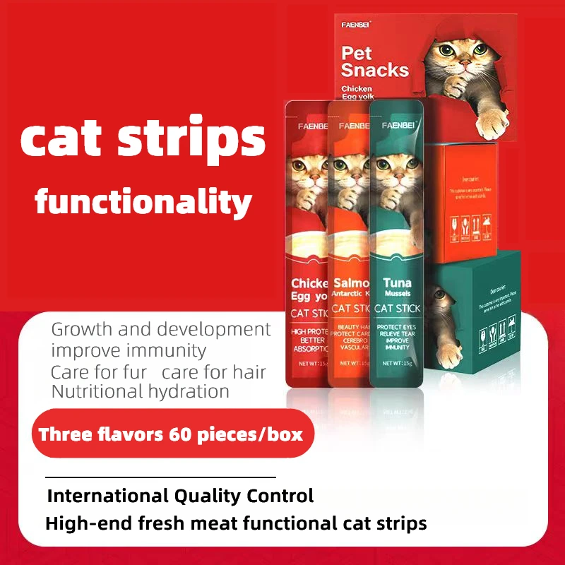 60pcs Cat snacks, cat treats in the form of strips. Tuna and chicken cat snacks. Pet snacks for cats to gain weight, universal.