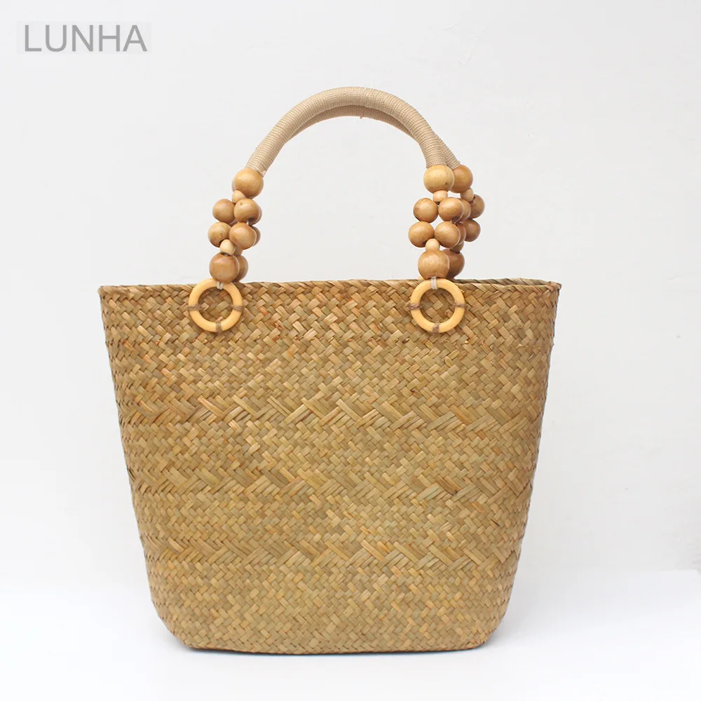 Women's Small Top-Handle Handbag Handwoven Craft Natural Seaweed Straw Tote Bag Large Capacity for Casual Seaside Vacation