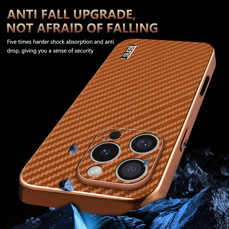 for iPhone 16 15 14 Pro Max Plus Case Carbon Fiber Texture PU Leather Soft Cover Plating Bumper All-round Camera Shell Fundas