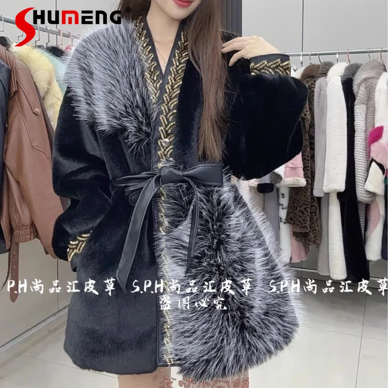 

Women's 2025 Winter New Mid-length Faux Fur Female Chic Fashion Belt Fur Coats Feminine Long Sleeve V-neck Loose Comfort Jackets