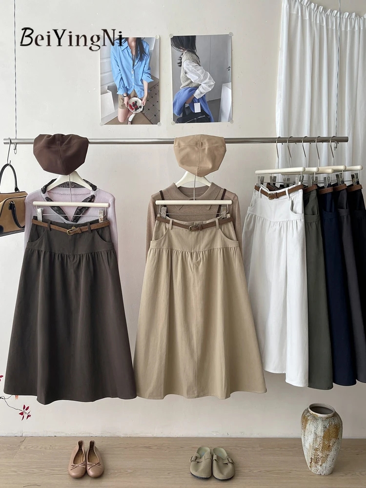 Beiyingni Autumn Korean High Waist Skirts Women Casual Plain Black OL A-line Midi Skirt Female French Elegant Retro Cargo Skirt