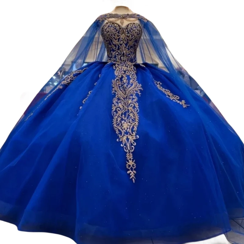 Custom Made Blue Ball Gown Quinceanera Dresses With Cloak Cape Applique Lace Floral Corset vestidos de xv 15 anos Girl Proms