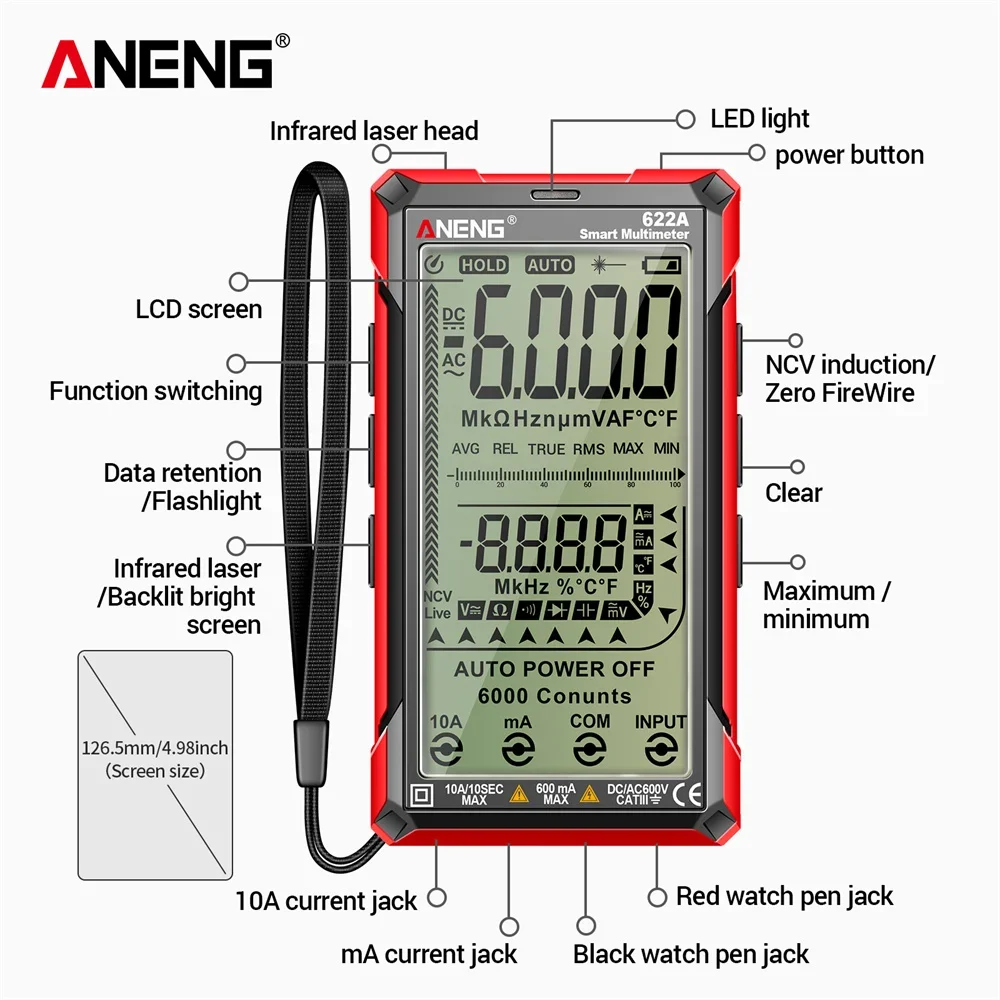 ANENG 622A Laser na podczerwień 6000 zliczeń Multimetr Duży tester ekranu LCD Multitester z lampą laserową Multimetry pojemności Ohm