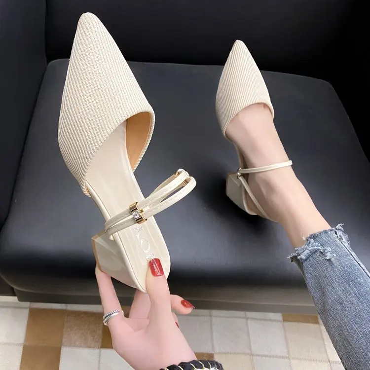 Internet Celebri 2024 New Single-Layer Shoes Women All-Match Pointed Toe Half Slippers Double Purpose Mules Shoes Fairy S...