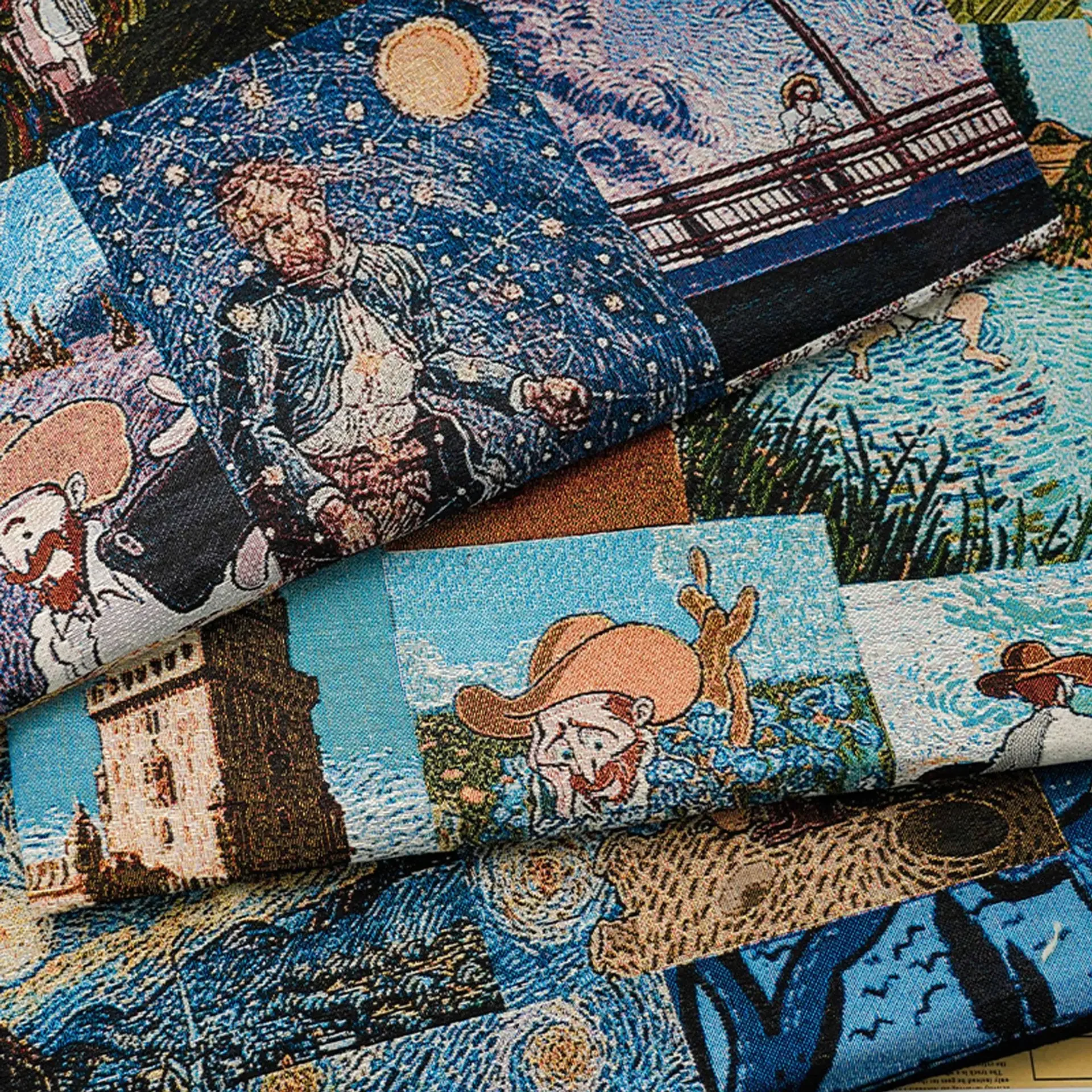 Van Gogh Landscape Character Puzzle Fabric Oil Painting Style Sand Release Woolen Fabric Abstract Jacquard Handmade Fabric