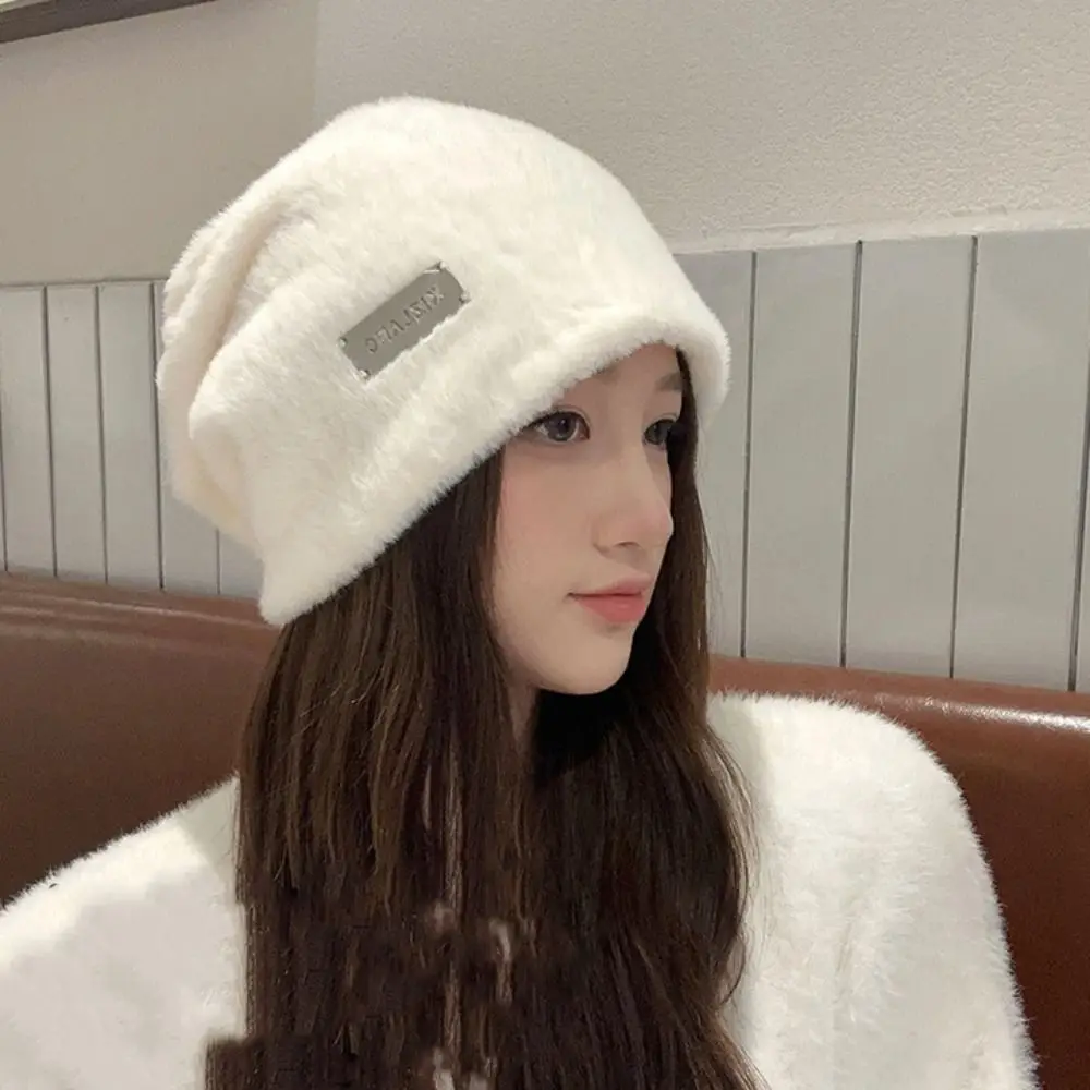 Soft Thickened Fleece Wool Skullies Korean Style Coldproof Letter Pullover Hats Baggy High Quality Plush Beanies Hats Winter