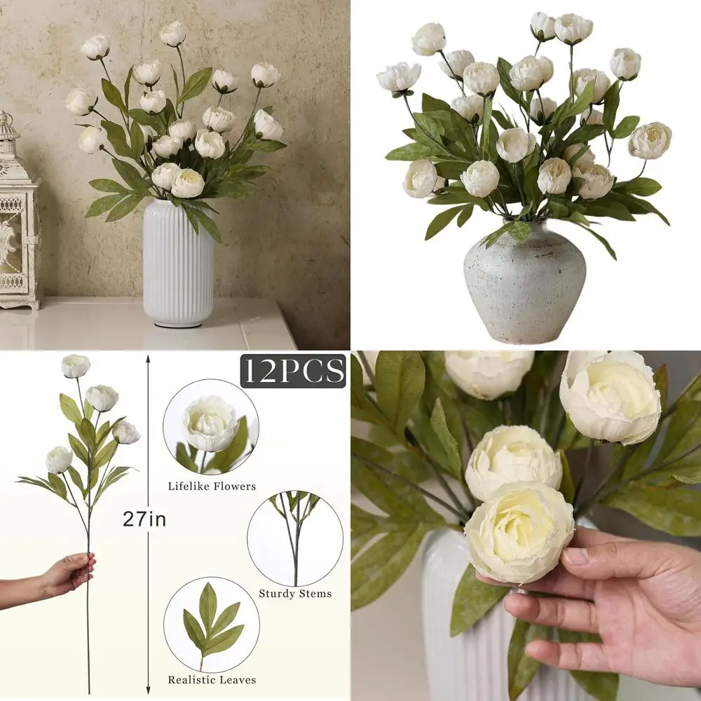 

Set of 12 Faux Silk Peony Flowers, 27 Stems for DIY Vase Arrangements, Wedding Centerpieces, Shower Decorations (Cream)