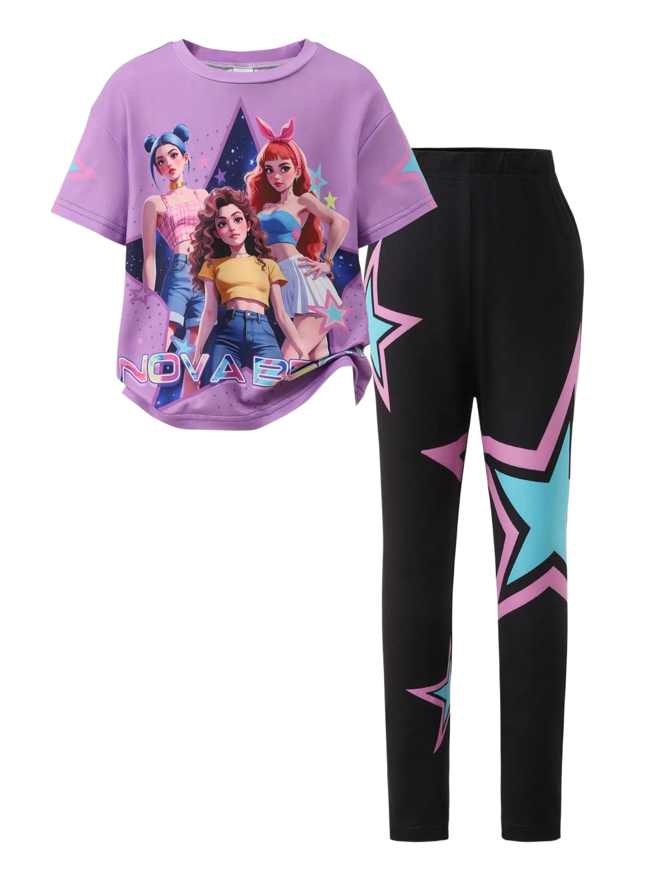 Frühling/Sommer K-Pop Cartoon Anime 3D-Druck Mädchen Mode Zweiteiler Set Rundhals T-Shirt Slim Fit Hose – Detail 7