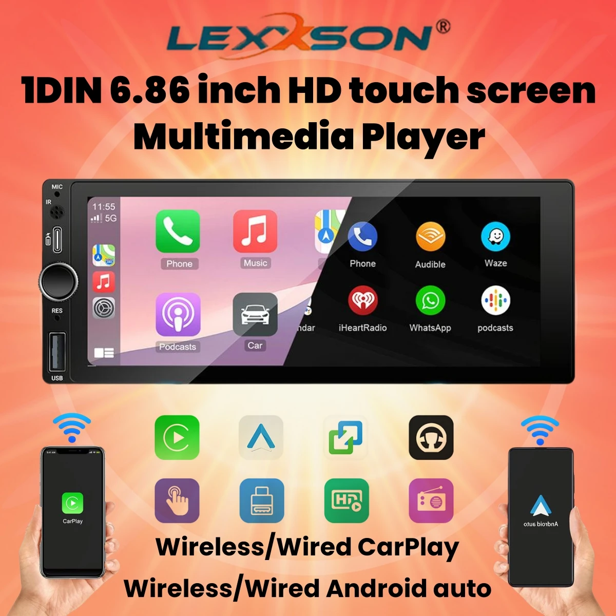 1DIN 6.86 inch HD Touch Screeh Multimedia MP5 Player Auto Radio Wireless CarPlay Android Auto For Universal Car Radio BT FM AUX