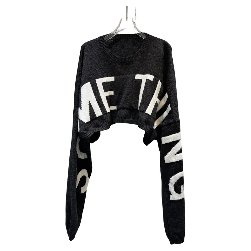 DEAT 2024 Autumn New Collection Women\'s Letter Pattern O-neck Pullover Sweater Fashion Loose Short Knitted Tops Female 11A01576