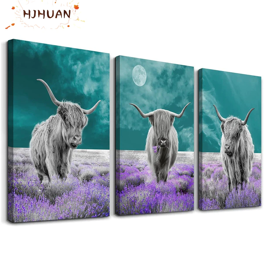 3pcs Dutch highland cattle, lavender Diamond Painting Embroidery Cross Stitch Art Craft Full Square/Round Rhinestone Home decor