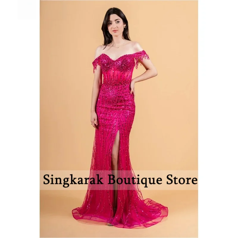 Vestidos de fiesta con cuentas y hombros descubiertos, sirena roja personalizada, abertura lateral, largo hasta el suelo, vestido de graduación con lentejuelas