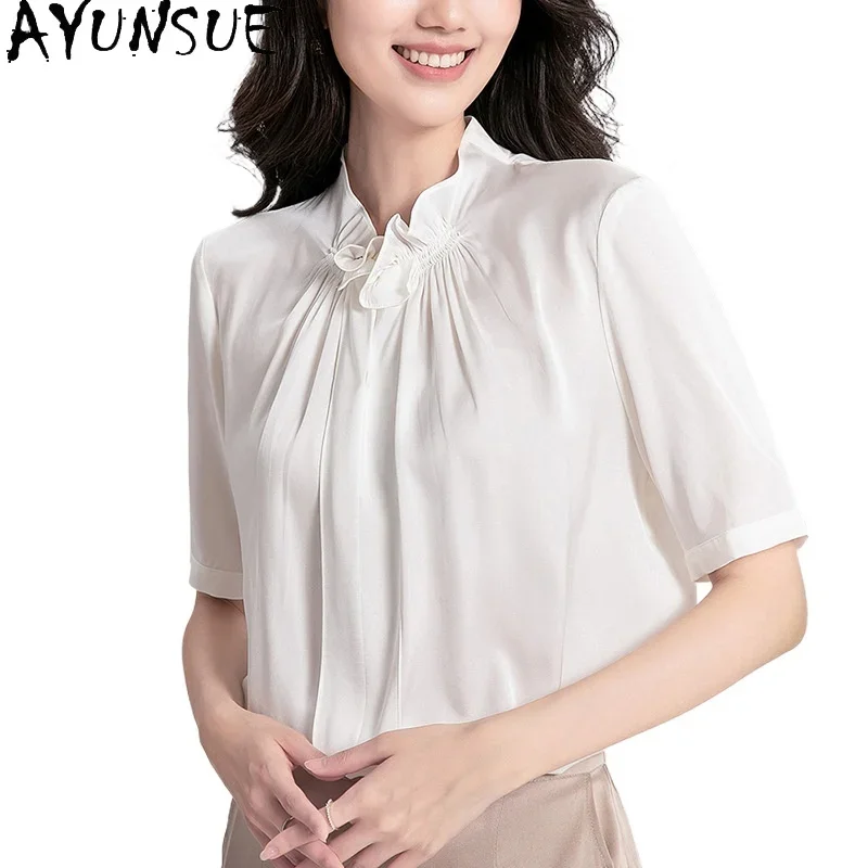 AYUNSUE 100% Real Mulberry Silk T Shirts for Woman Elegant 2024 Casual Tops Summer Women Clothing Essentials Short Sleeve Top 반팔