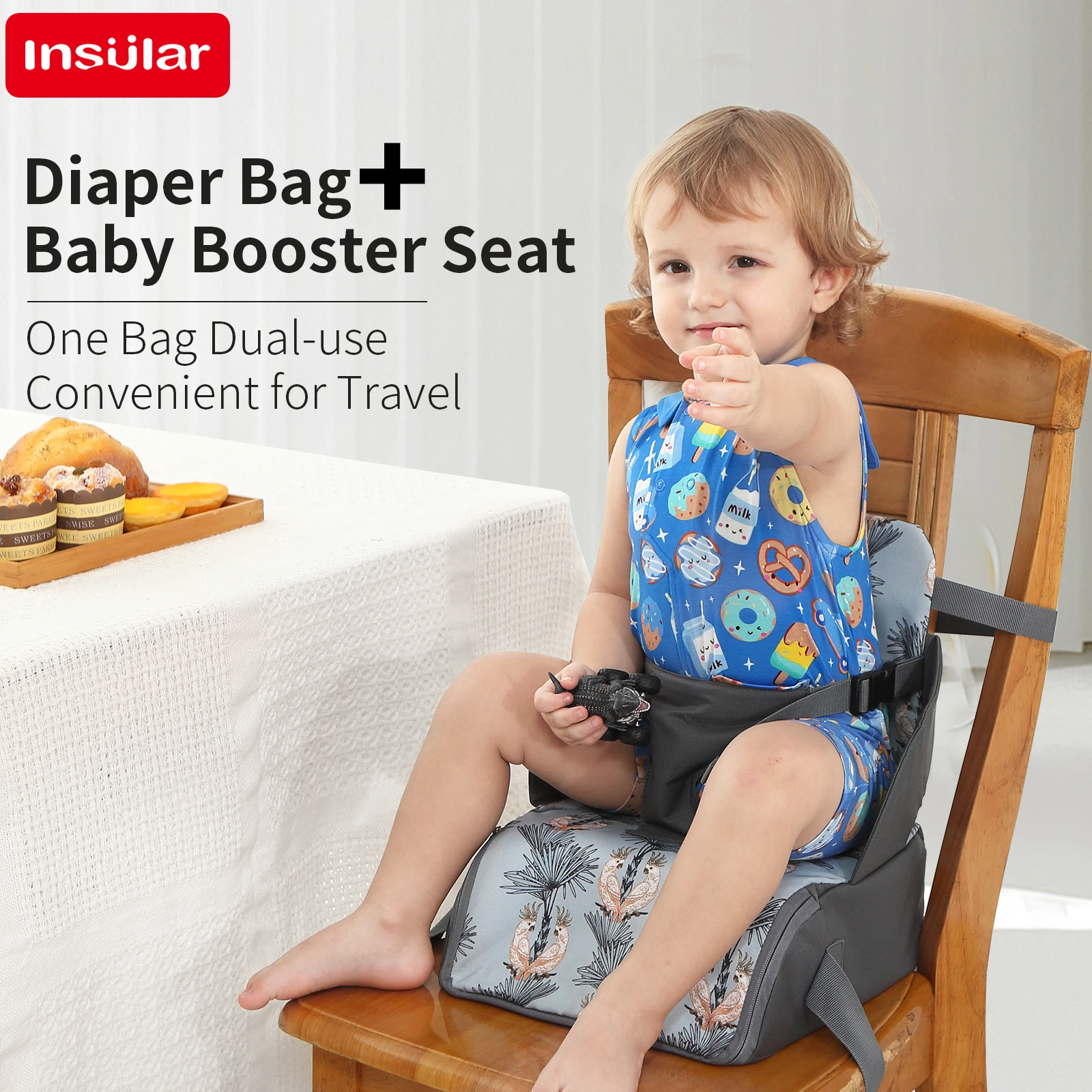 INSULAR Baby Booster Seat + Diaper Bag Muti-functional Travel Toddler Convenient Cushion Kid Chair Washable Straps Safety Buckle