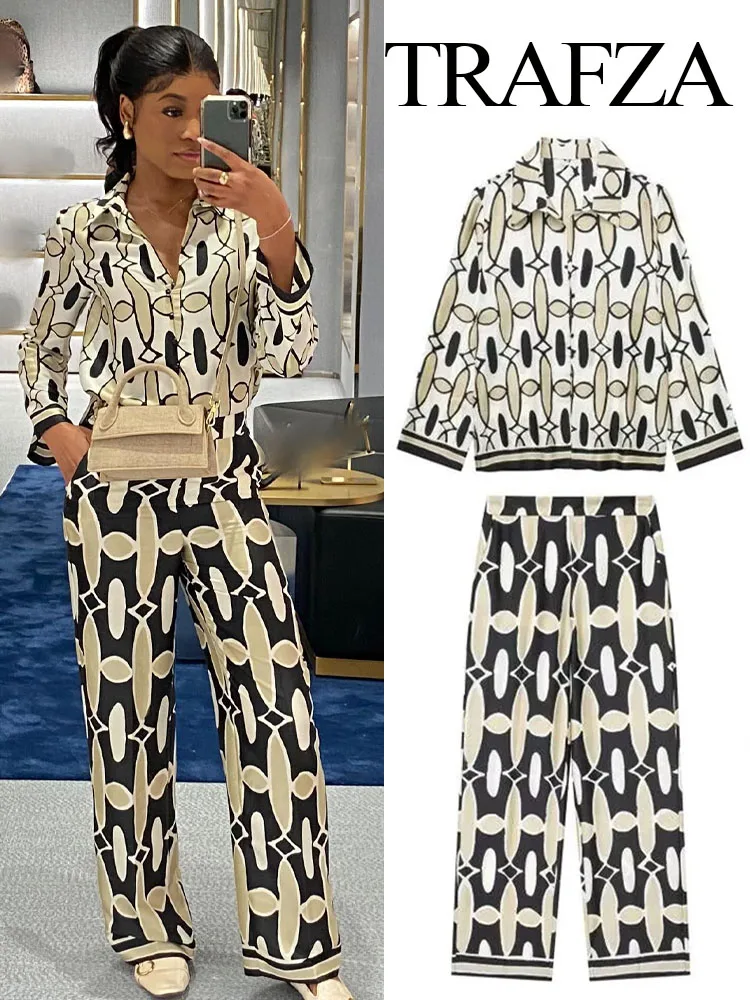 

TRAFZA Women 2 Piece Set Chic Printed Lapel Long Sleeve Shirt Blouse+Elegant Pockets Elastic Waist Casual High Waist Wide Pant