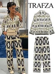 TRAFZA Women 2 Piece Set Chic Printed Lapel Long Sleeve Shirt Blouse+Elegant Pockets Elastic Waist Casual High Waist Wide Pant