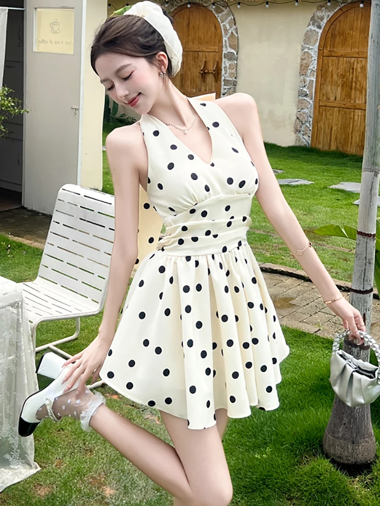 Mini robe d'été noire à pois, Chic, avec nœud sur le cou, Vintage, Hepburn, vêtements de bal, élégante, coréenne, moulante, 2025