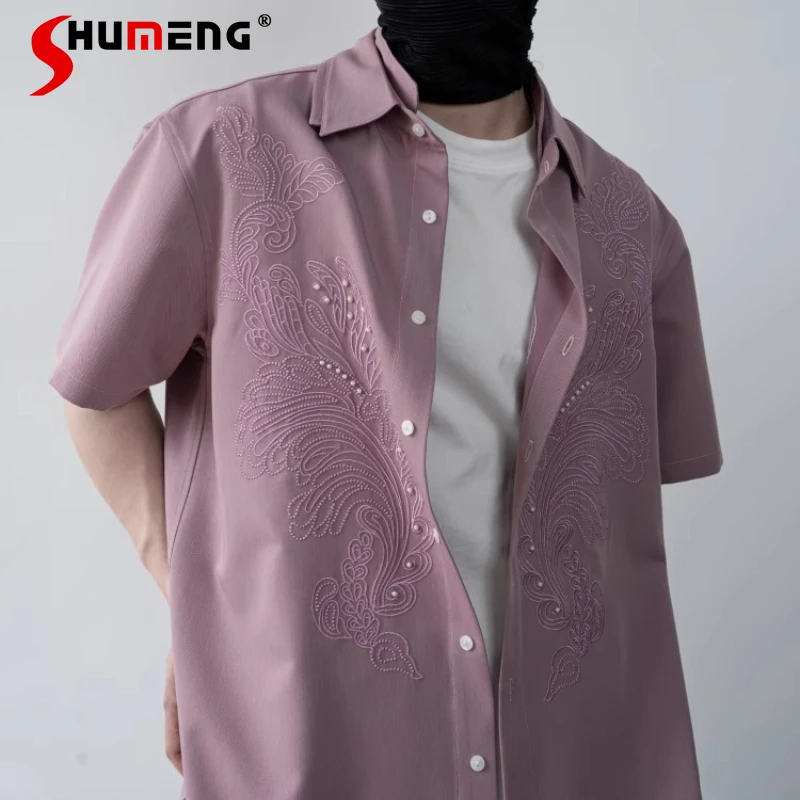 

Fashion Men's 2025 Summer New Original Design Shirts Male Fashion Chic Solid Color Embroidered Shirt Men's Handsome Trendy Tops