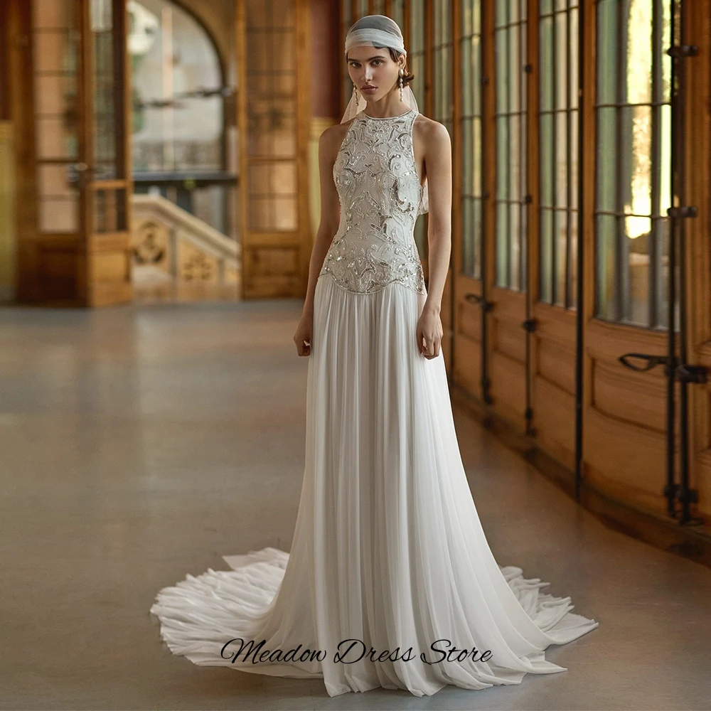 Sparkly Beading Sequined Bridal Gowns Classic Customized O-Neck Sleeveless Wedding Dress Soft Chiffon A-Line Vestido De Novia image 5