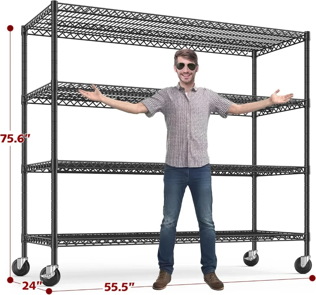 REIBII Półki do przechowywania Regały druciane 75,6" H z kółkami 2500LBS Wytrzymałe półki metalowe 75,6" H X 55,5" szer. X 24" D