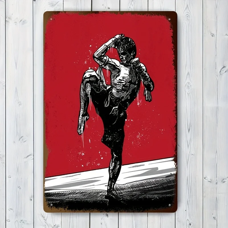 Retro Metal Tinplate Wall Art - Dynamic Martial Arts Kicker Design, Iron Plaque for Home, Bar, Cafe, Garage Decor, Easy to Hang