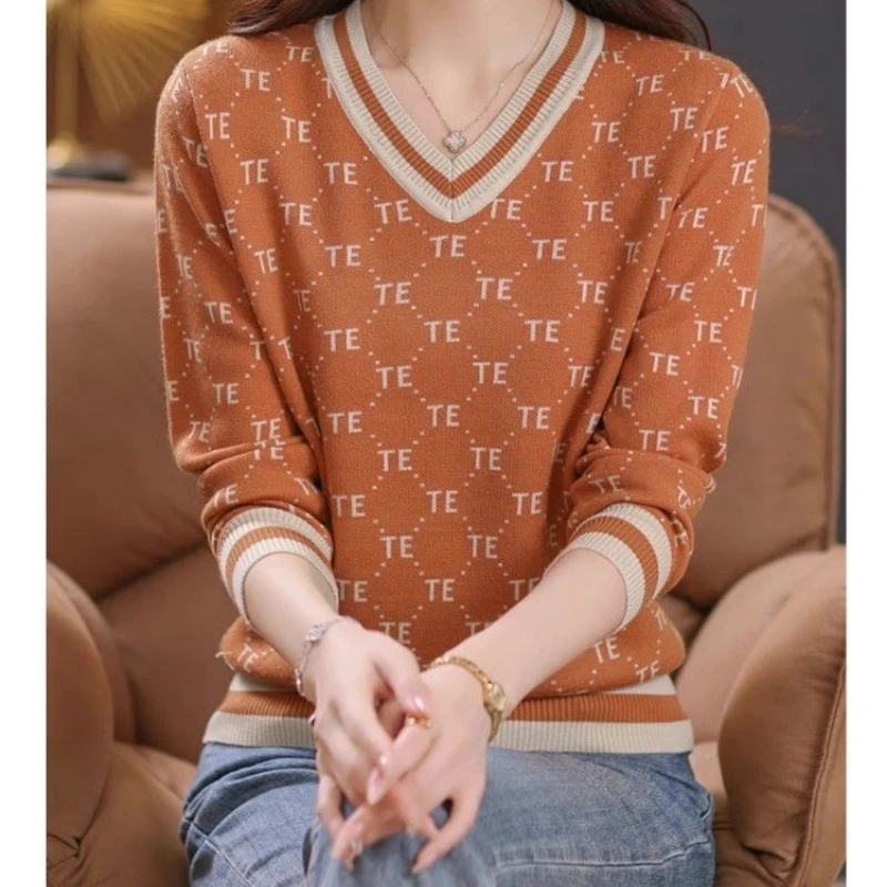 Women's Clothing Autumn Winter O-Neck Pullover Sweater Knitted Lantern Long Sleeve Contrast Color Geometric Casual Elegant Tops