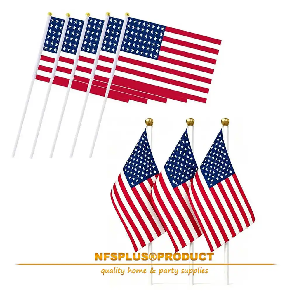 Handheld American Flag US Banner 14x21CM With Mini Stick Plastic Flagpole For Home Party July 4th Decoration Parades Sports