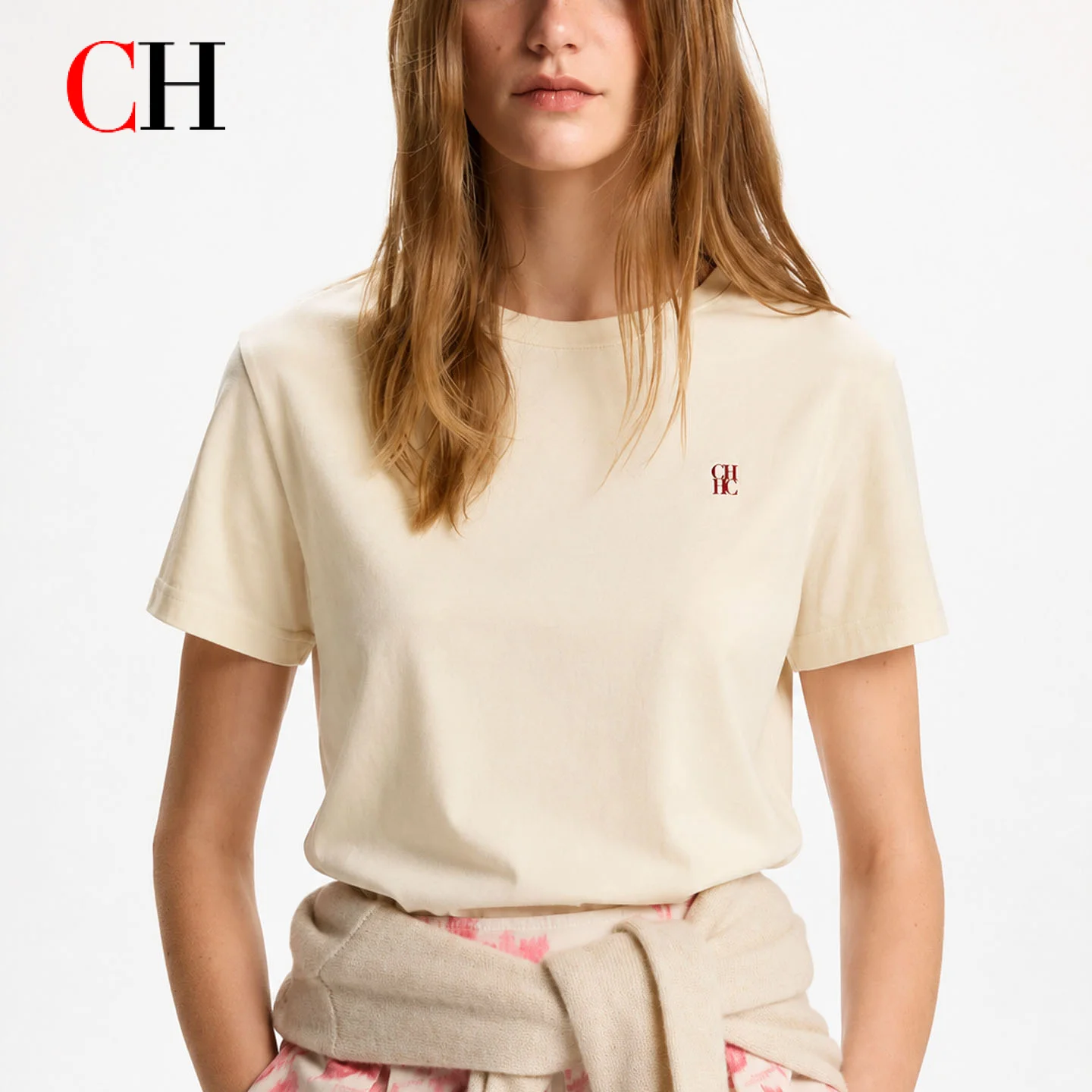 CH Women Beige T Shirt Short Sleeve Casual Basic Tee Crew Neck Loose Fit Minimalist Fashion Top Summer Everyday Wear