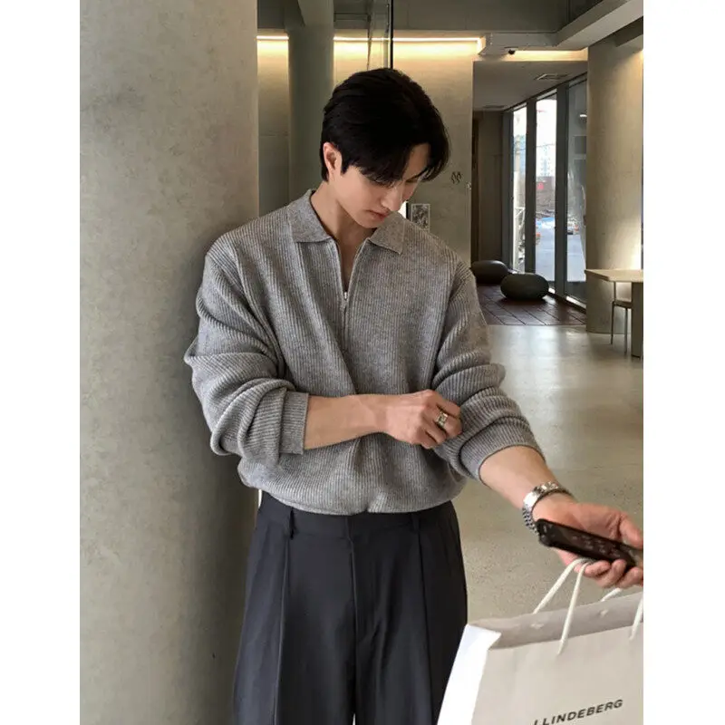 Lapel Sweater Men Warm Zipper Knitted Pullover Sweater Men Streetwear Korean Loose Long Sleeved Sweater Mens Jumper Clothes