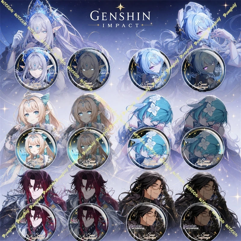 Genshin Impact Odette/Tsaritsa/Vodyanitsa/Pantalone Fan‑Made Double Flash Tin Button Badge Collectible Lapel Pin Anime Game Gift