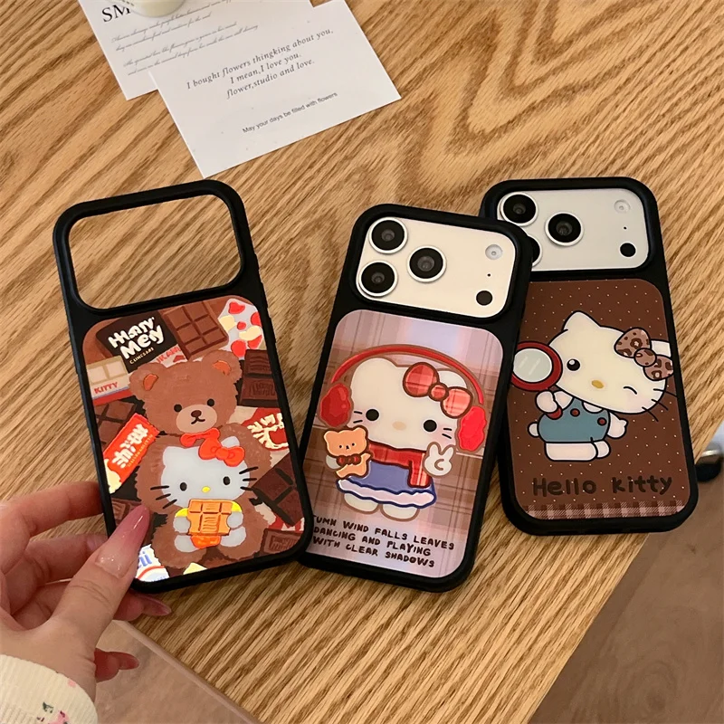

fashion phone cases Black Phone Case For iPhone 15 16 17 Pro Max Cute Hello Kitty & Bear Print Shockproof Protective Cover