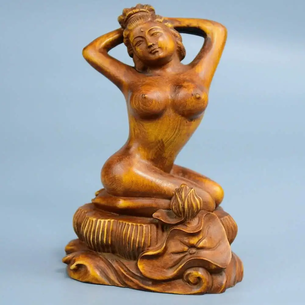 

Chinese Antique Boxwood Carved Beautiful Woman Statue Sexy Sculpture Home Decor