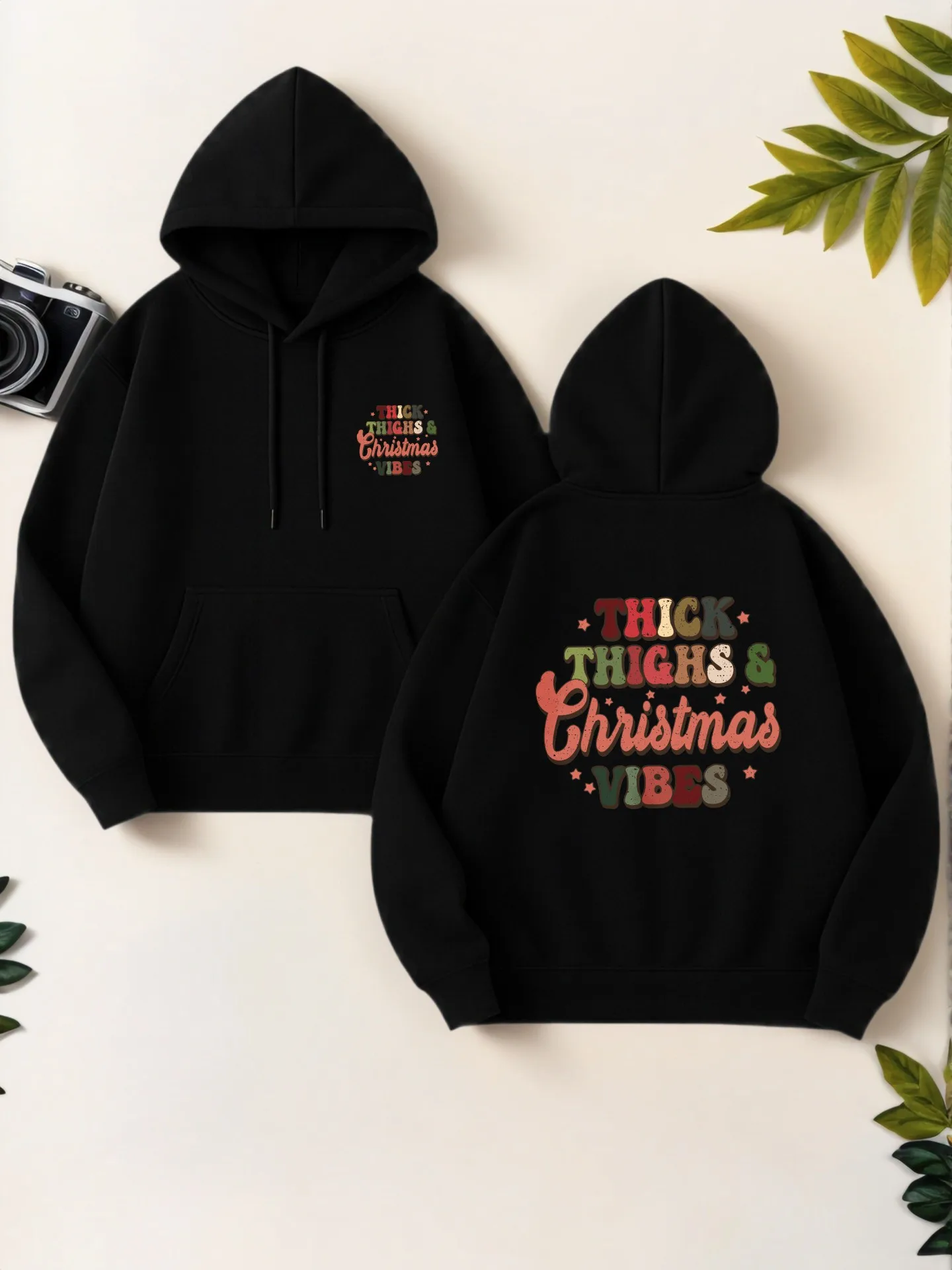 

Graphic Hoodie Women, Thick Thighs & Christmas Vibes Letter Print, Aesthetic, Fleece, Winter Outfits, For Women