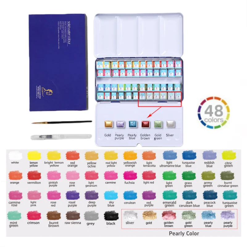 Master-Grade 24/36/48 Colors Solid Watercolor Paints Pearly Gouache Paint Metal Watercolor Tins Palette Case with Paintingbrush