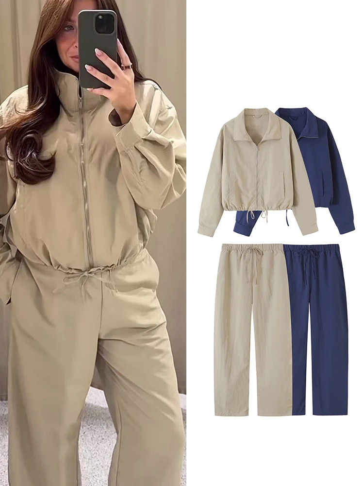 TFMLN Casual Women's Trouser Suits Long Sleeve Stand Collar Jackets Loose Straight Pants 2026 Autumn Solid Simple Leisure Set