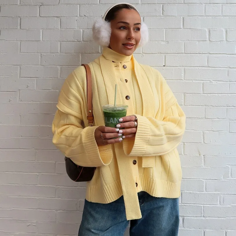 

Talenza Casual Knit Sweater Women Fashion Ribbed Round Neck Knit Cardigan Loose Office Lady Warm Streetwear Solid Sweater Female