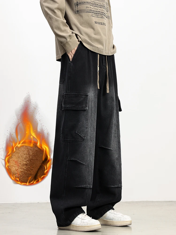 الرجال الشتاء الصوف البضائع الجينز مع 5 جيوب واسعة الساق مستقيم فضفاض الجينز نحى الدافئة الدنيم السراويل حجم الآسيوية L-6XL #4