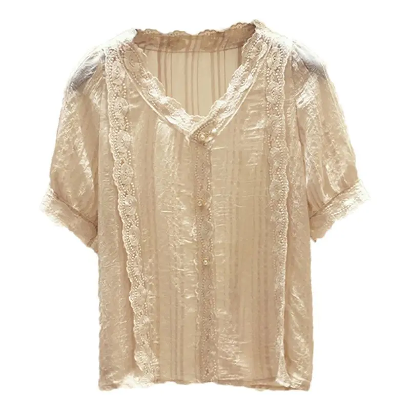 Vintage Lace Patchwork V-Neck Shirt Short Sleeve Female Summer New Solid Color All-match Chic Pearl Button Elegant Sweet Blouse