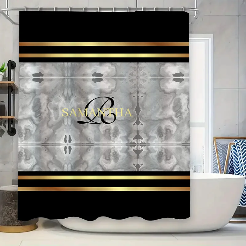 Black Gold Gray Shower Curtain Personalized Custom Name Monogrammed Bathroom Decor Custom Size
