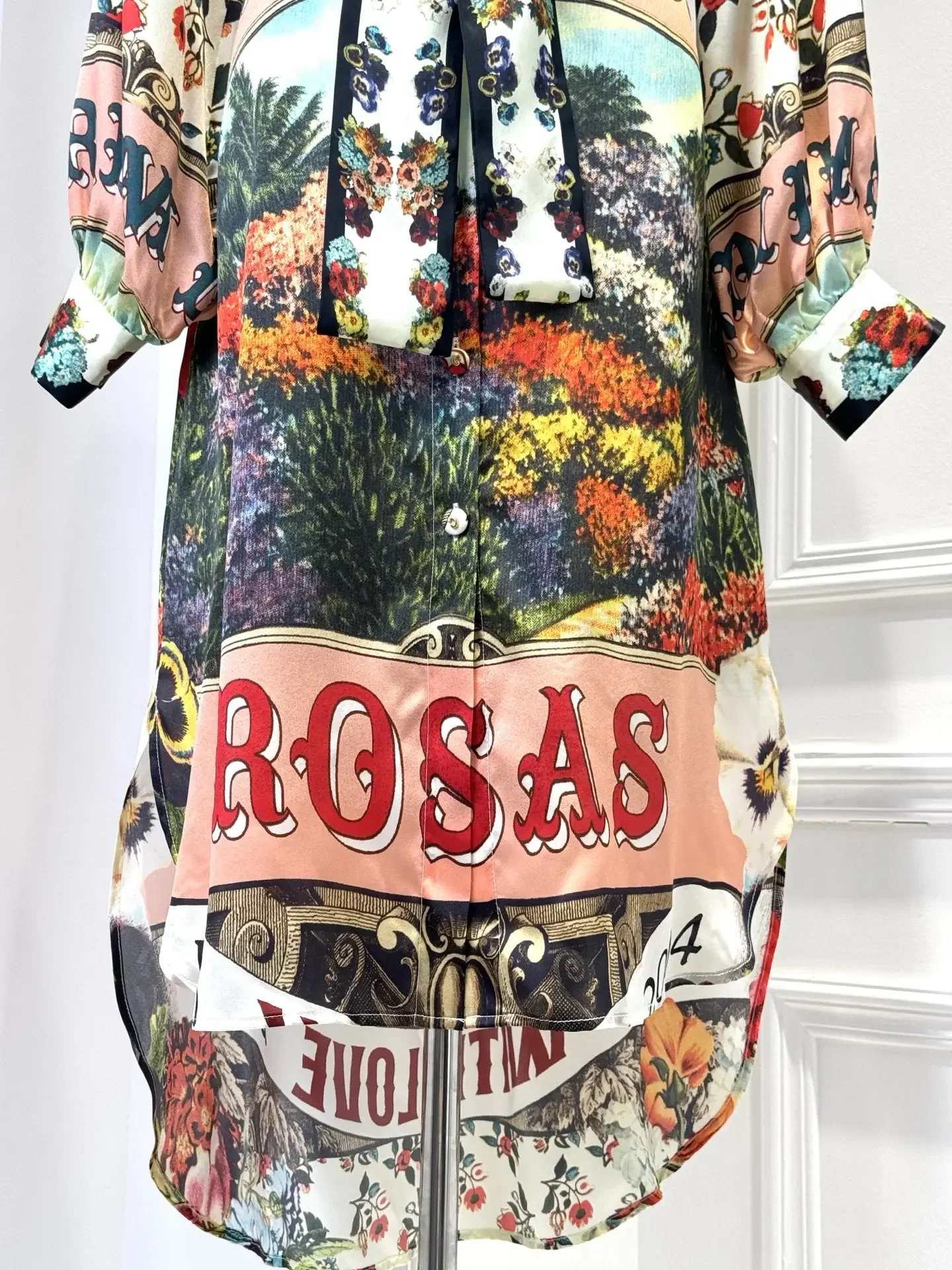 Dames Letter Bloemenprint Lange Shirtjurk Vetersluiting Taille Turn-down Kraag Lantaarn Mouw Los 100% Zijden Gewaad