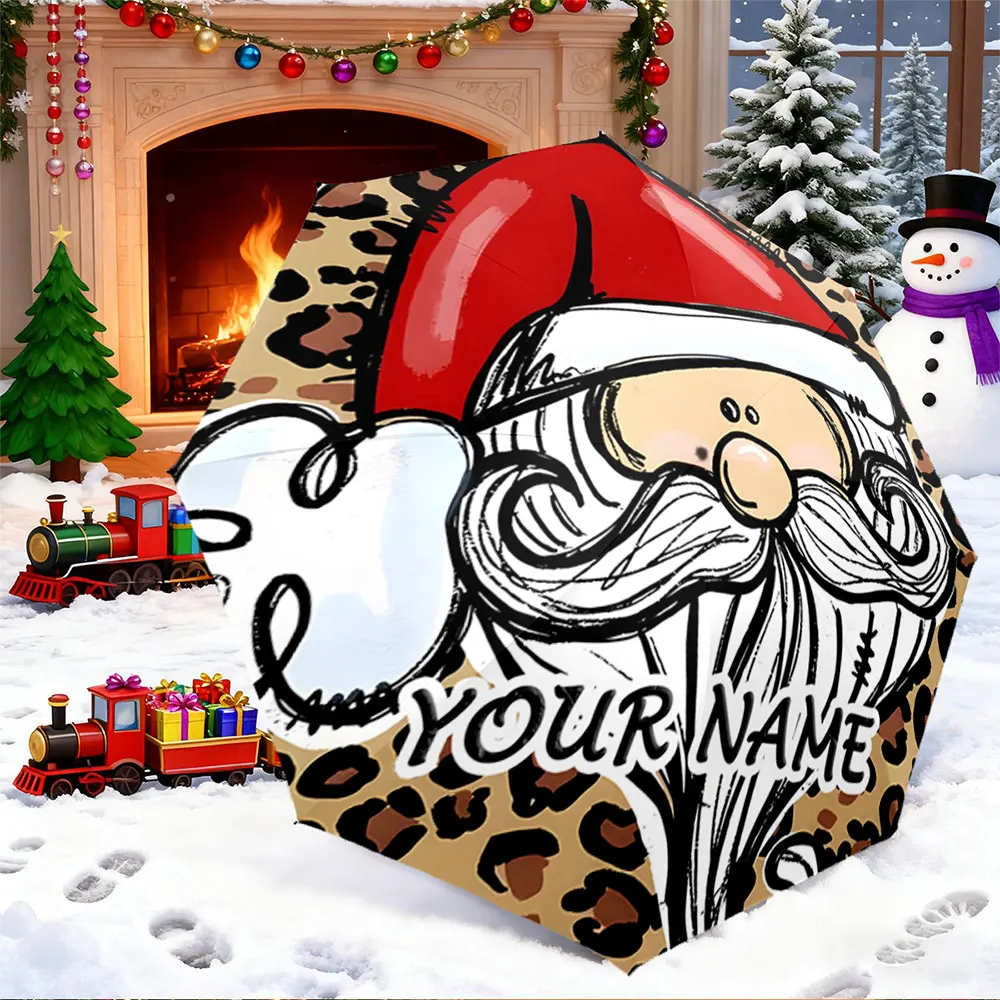 Custom Name Umbrella， Christmas Santa Design with Leopard Print Theme Umbrella ,Portable Folding Umbrella, Christmas Gift