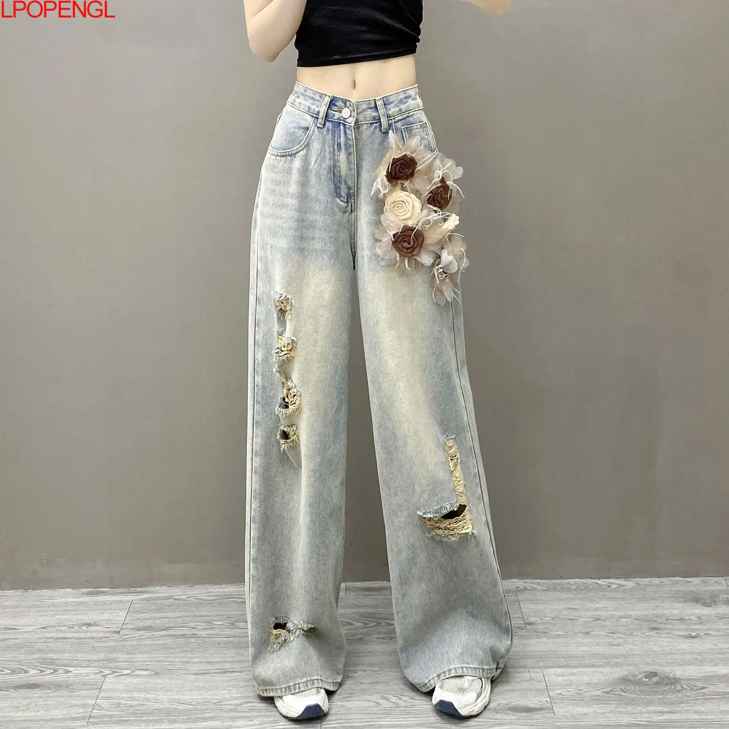 Spring And Summer Loose Straight Retro High Waisted Distress Hole Jeans 2026 Women New Three-dimensional Flower Wide Leg Pants