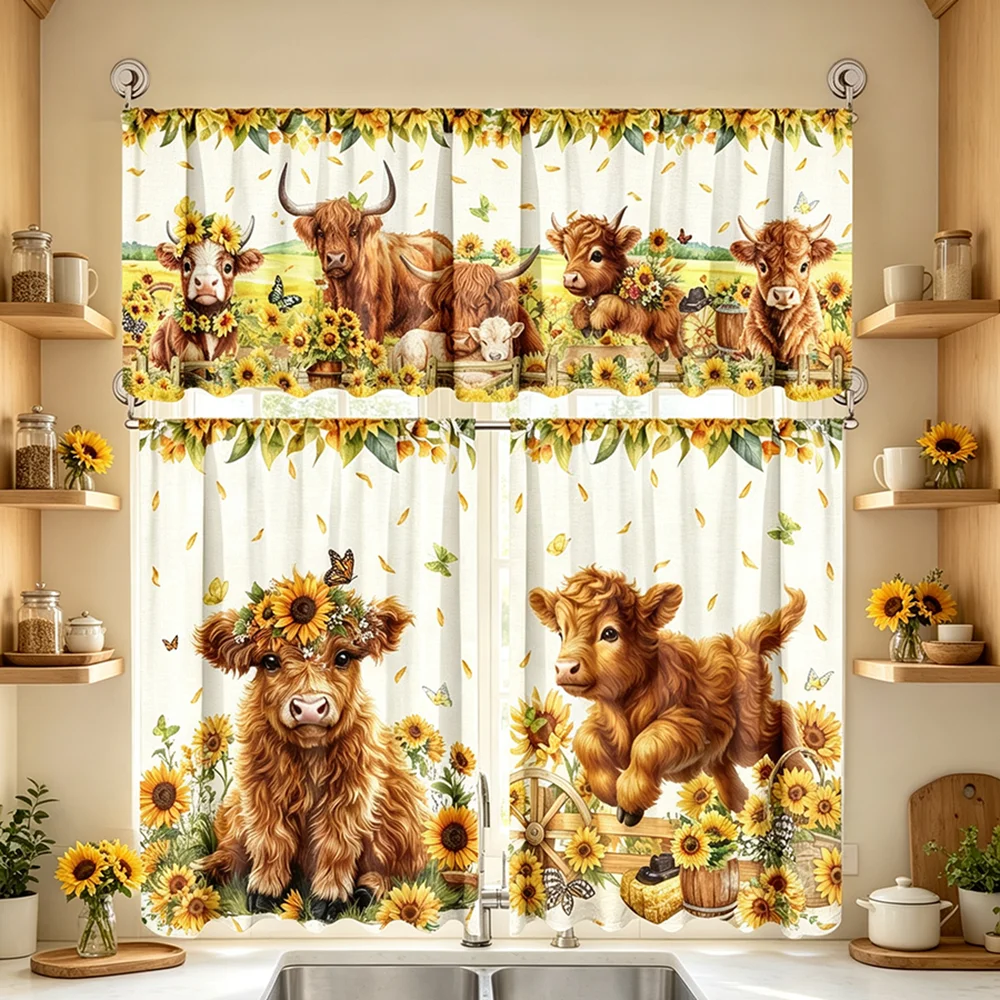 Kitchen Window Treatment Set, Highland Cow Sunflower, Farmhouse Style, Valance and Short Curtains, Cozy Kitchen Window Decor