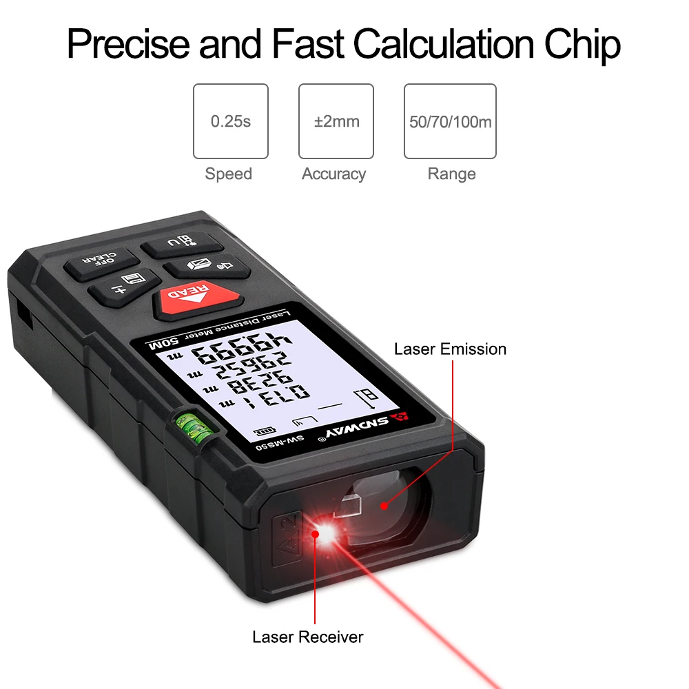 SNDWAY Medidor de distância a laser 50M Digital Range Finder Portátil Laser Fita métrica Telêmetro