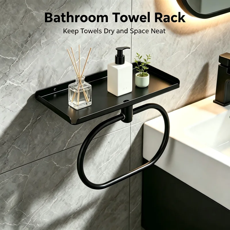 Adhesive Wall Mount Bathroom Corner Rack - No-Drill Storage Shelf with Towel Ring for Essentials and Organization